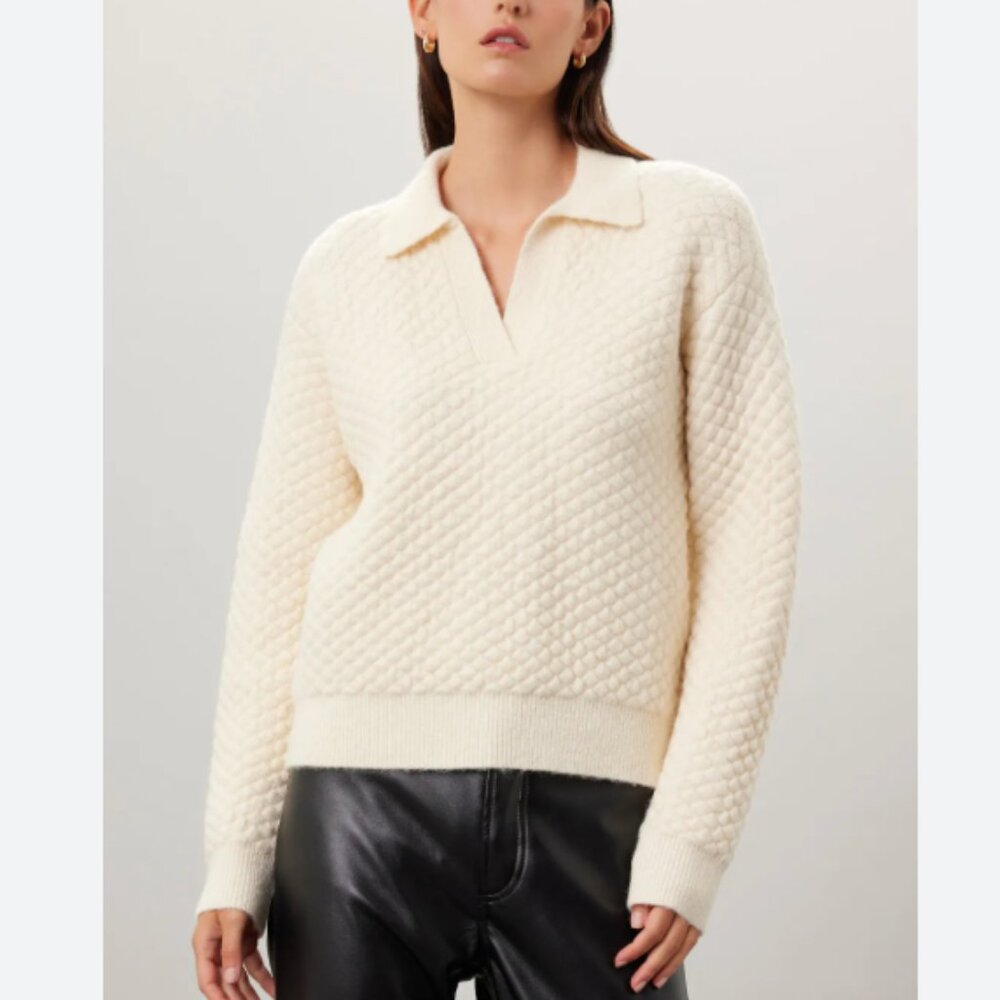 English Factory Textured V-Neck Sweater Cream Collared Quilted m medium